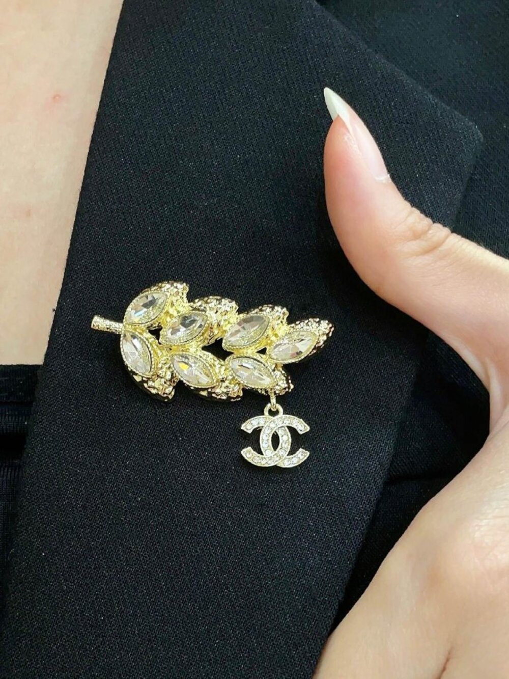 Chanel Gold Leaf Crystal CC Charm Dangle Brooch